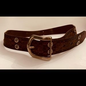 Brown Leather, Metal Florets Embellished Tooled Belt